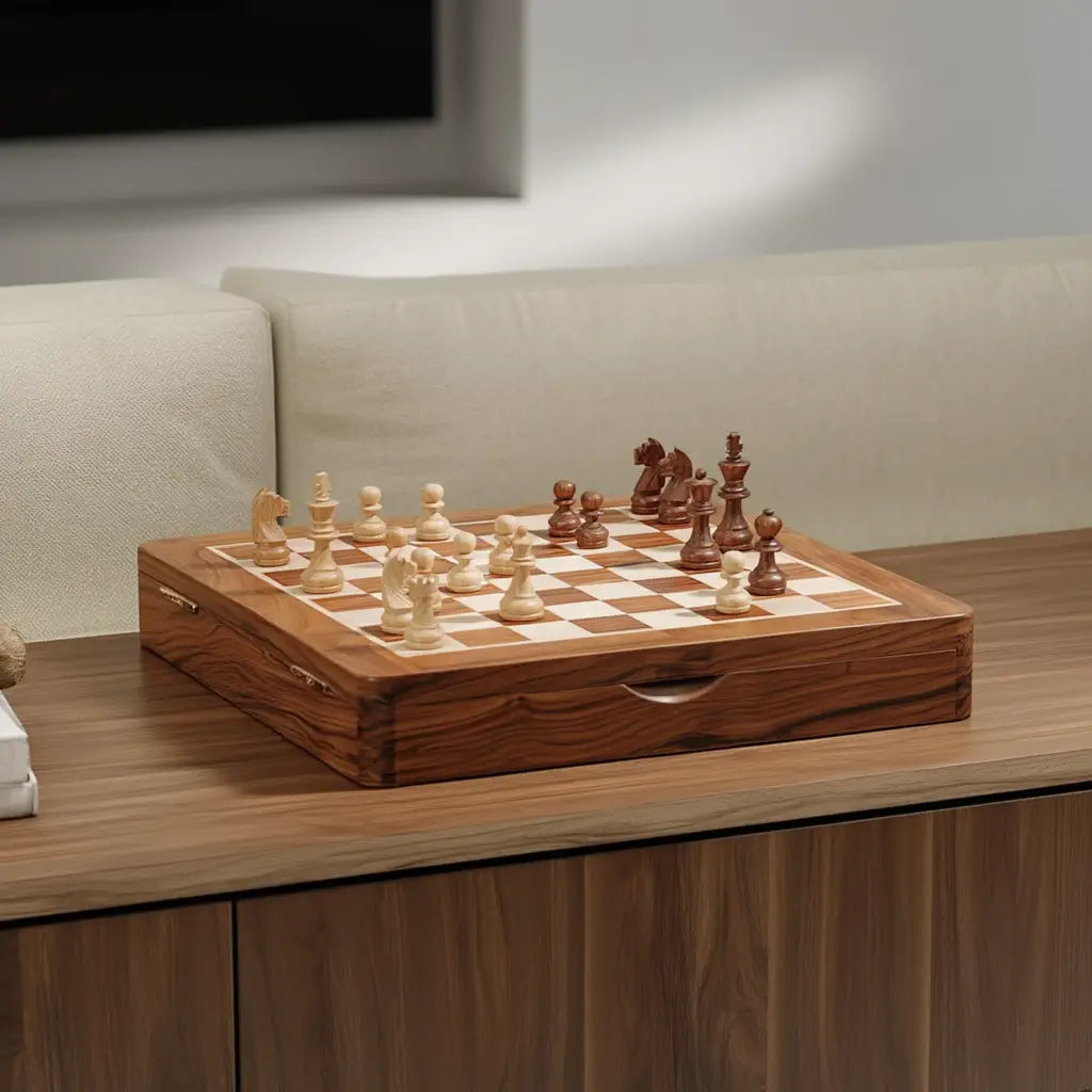 Coffret de Jeu d'Échecs Magnétique en Bois de Sheesham avec Rangement Pratique 6