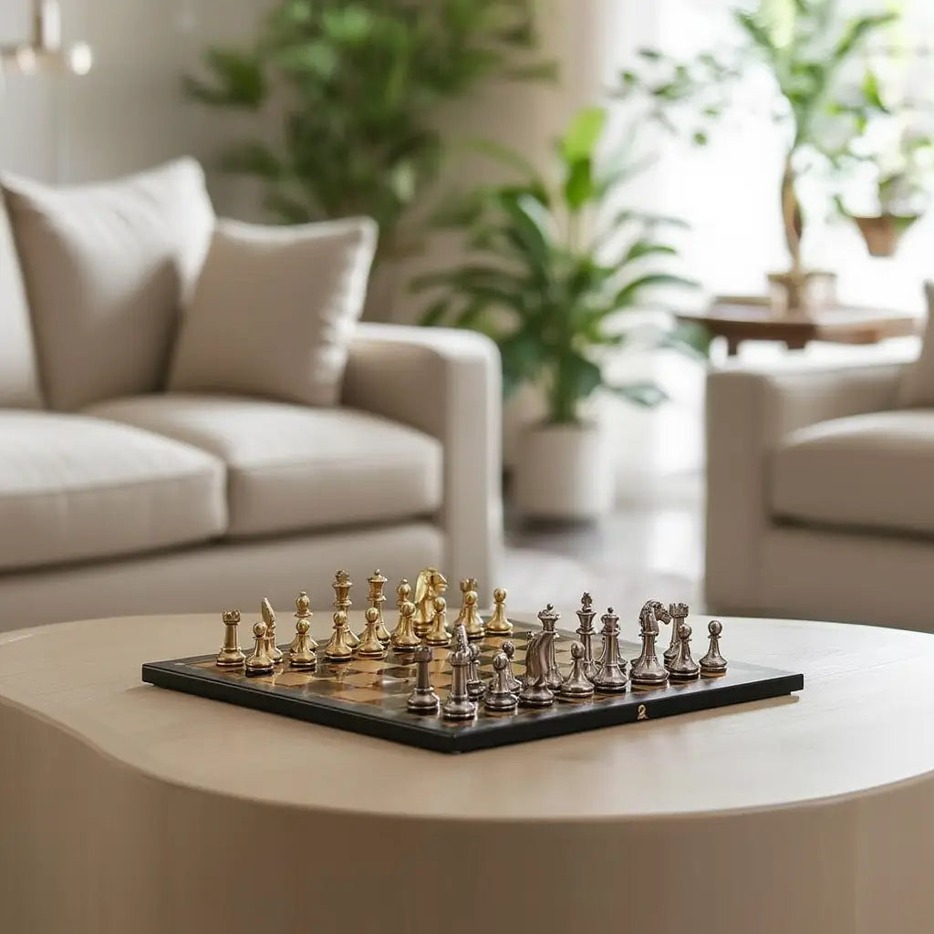 Ensemble d'Échecs en Métal Doré et Argenté avec Échiquier en Cuir Fait Main - 26,5 cm 4