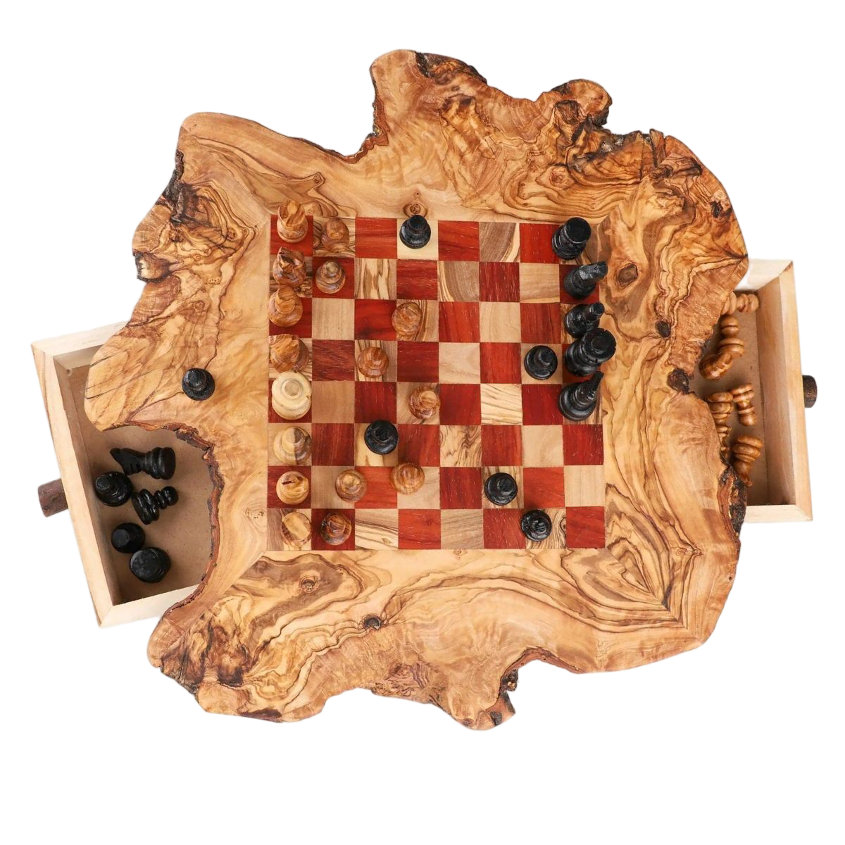 Jeu D'Échecs En Bois D'Olivier Avec Cases Rouges | Élégance Artisanale Pour Décoration 1