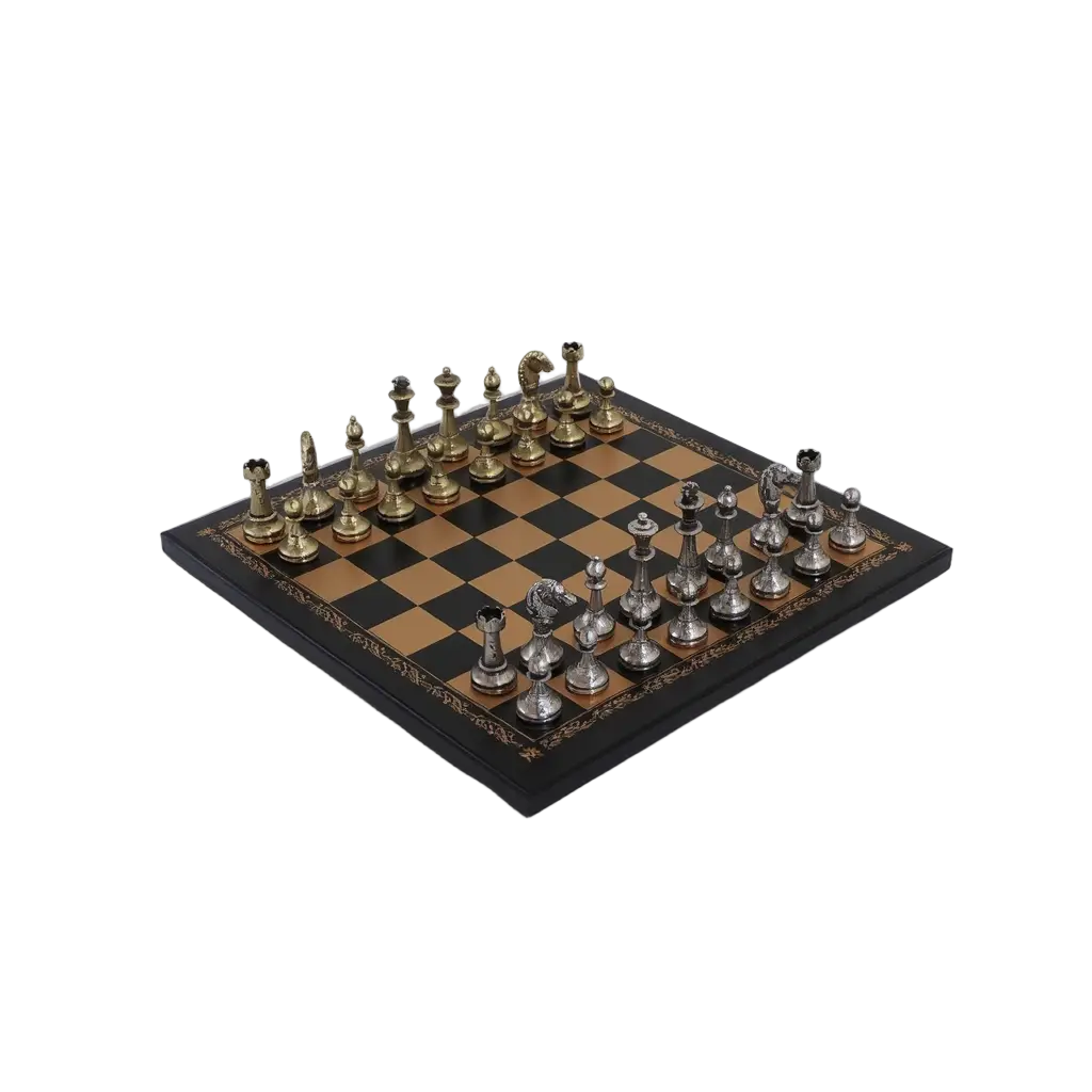 Ensemble d'Échecs en Métal Doré et Argenté avec Échiquier en Cuir Fait Main - 26,5 cm 1