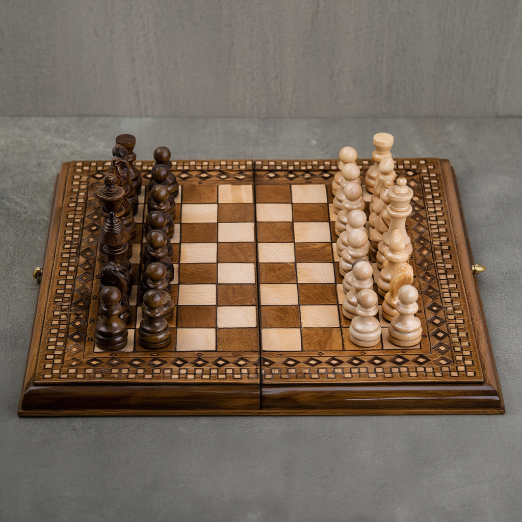 Échiquier en Bois de Hêtre et Noyer avec Pièces Sculptées | Élégant pour Passionnés d'Échecs