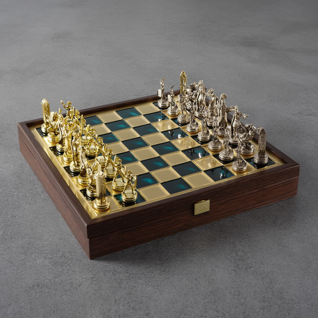 Jeu d'Échecs en Laiton avec Échiquier - Mythologie Grecque, 32 pièces