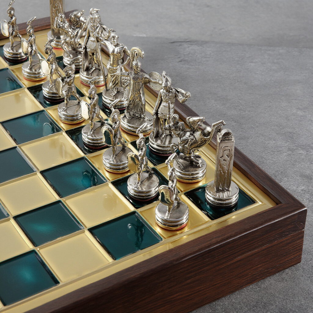 Jeu d'Échecs en Laiton avec Échiquier - Mythologie Grecque, 32 pièces