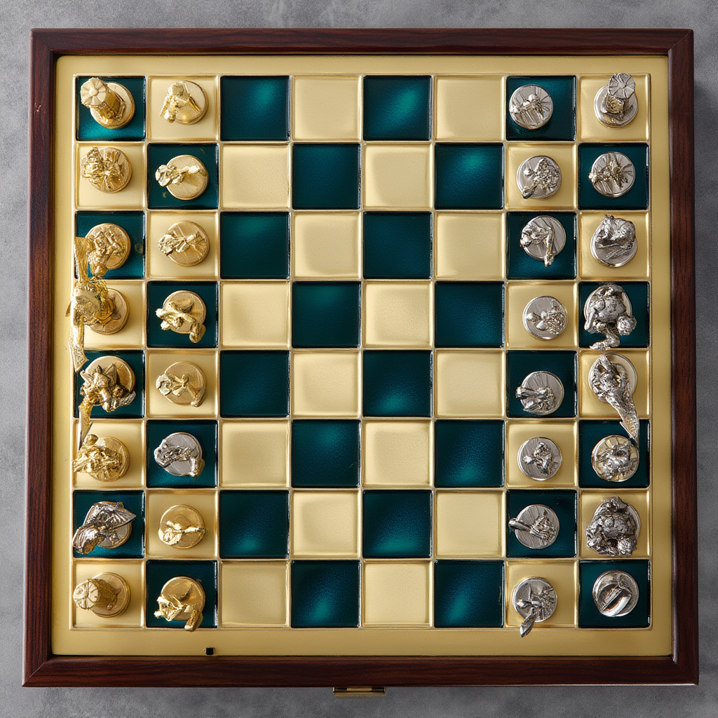 Jeu d'Échecs en Laiton avec Échiquier - Mythologie Grecque, 32 pièces
