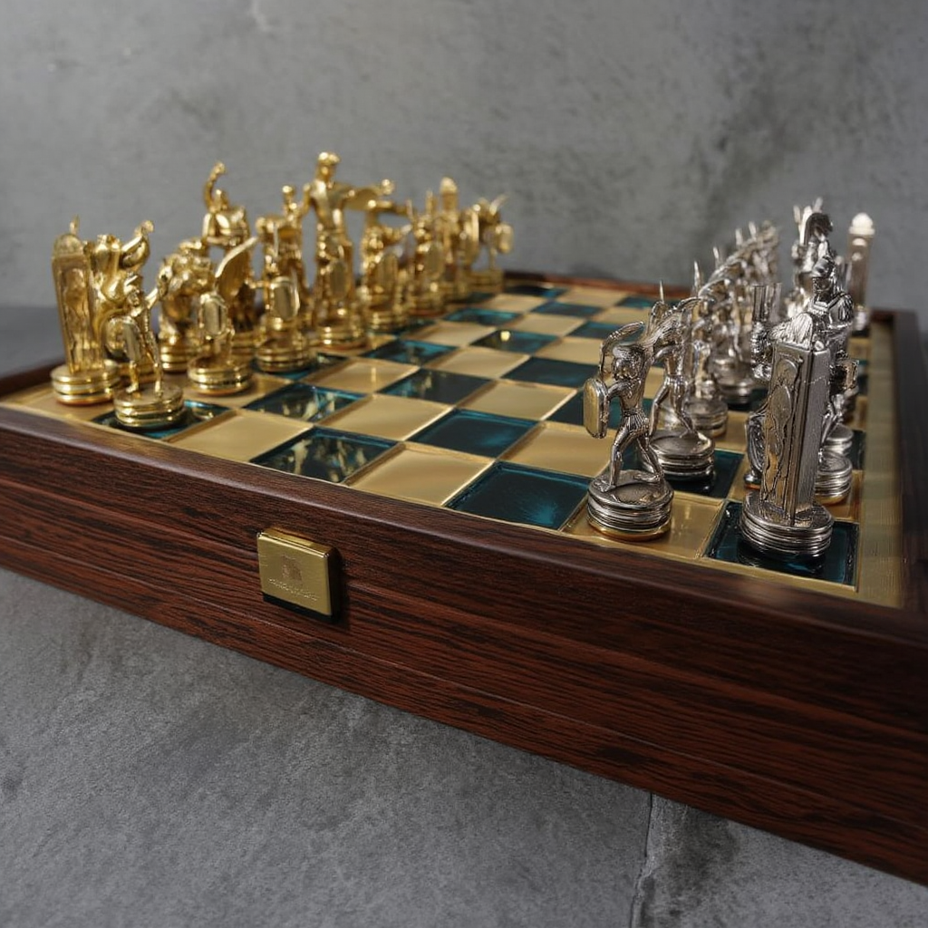 Jeu d'Échecs en Laiton avec Échiquier - Mythologie Grecque, 32 pièces
