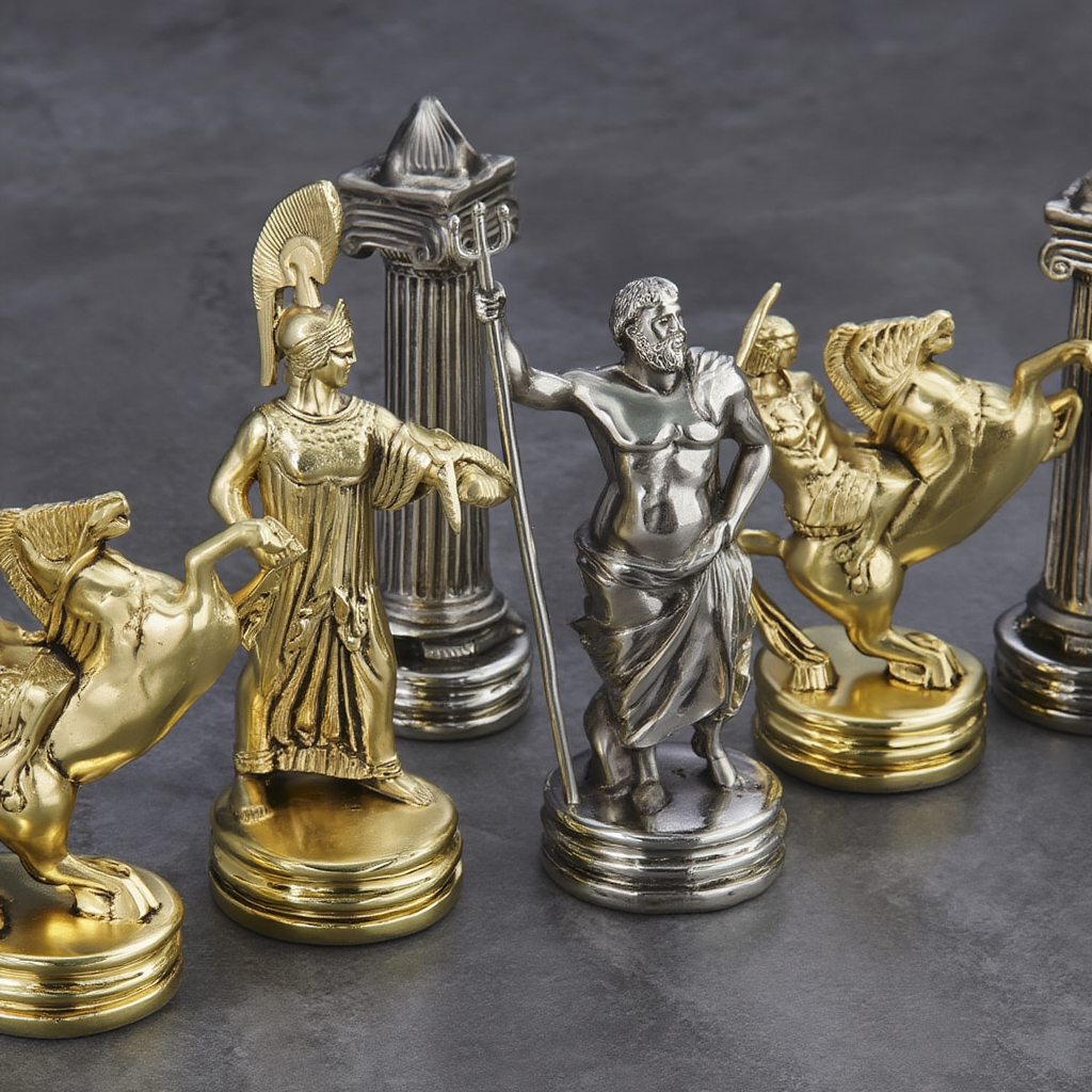 Jeu d'Échecs en Laiton avec Échiquier - Mythologie Grecque, 32 pièces