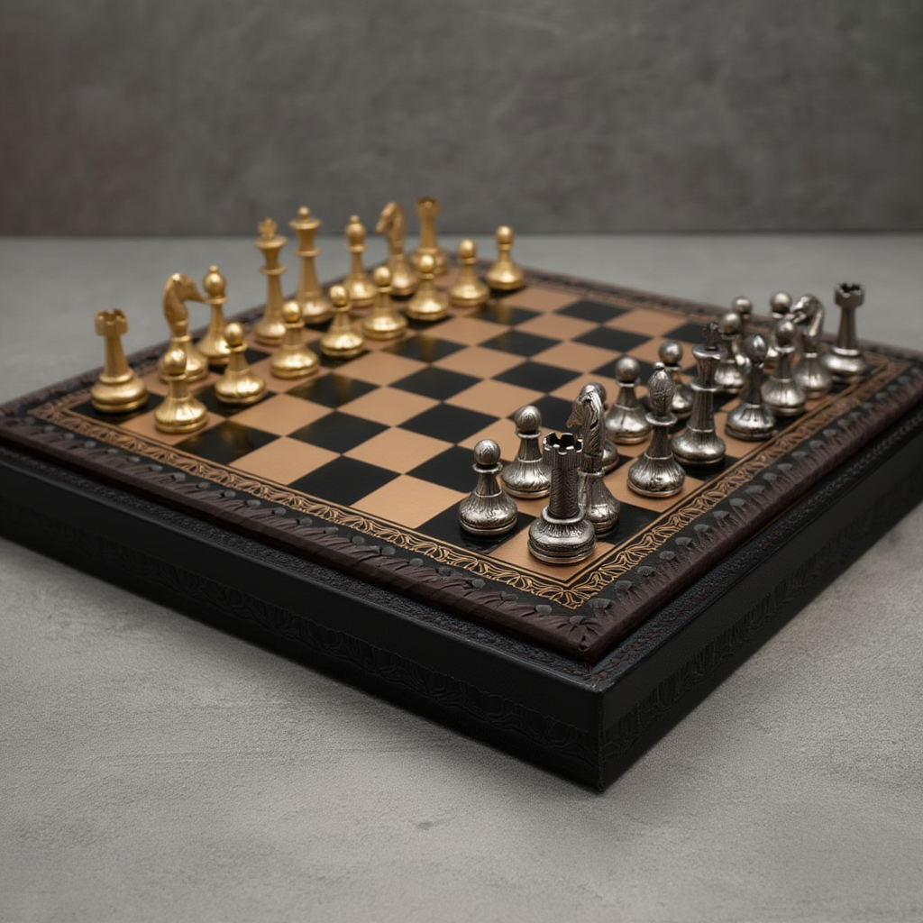 Ensemble d'Échecs en Métal Doré et Argenté avec Échiquier en Cuir