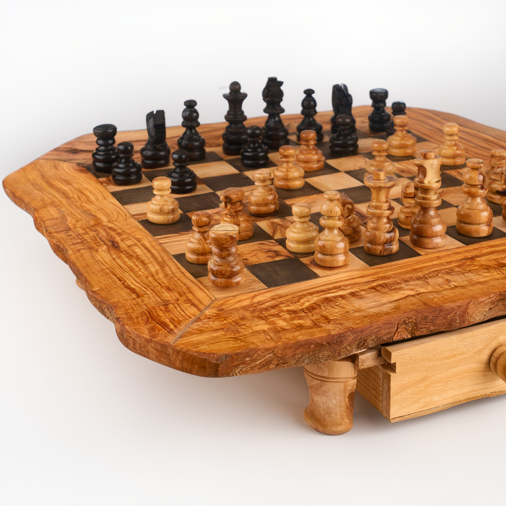 Échiquier en Bois d'Olivier avec Rangement Intégré | Artisanat Unique pour Décoration et Jeu 2