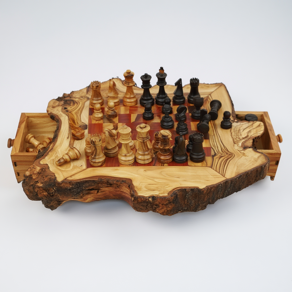 Jeu D'Échecs En Bois D'Olivier Avec Cases Rouges | Élégance Artisanale Pour Décoration 2