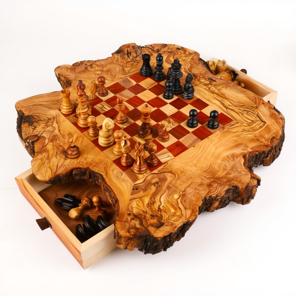 Jeu D'Échecs En Bois D'Olivier Avec Cases Rouges | Élégance Artisanale Pour Décoration 5