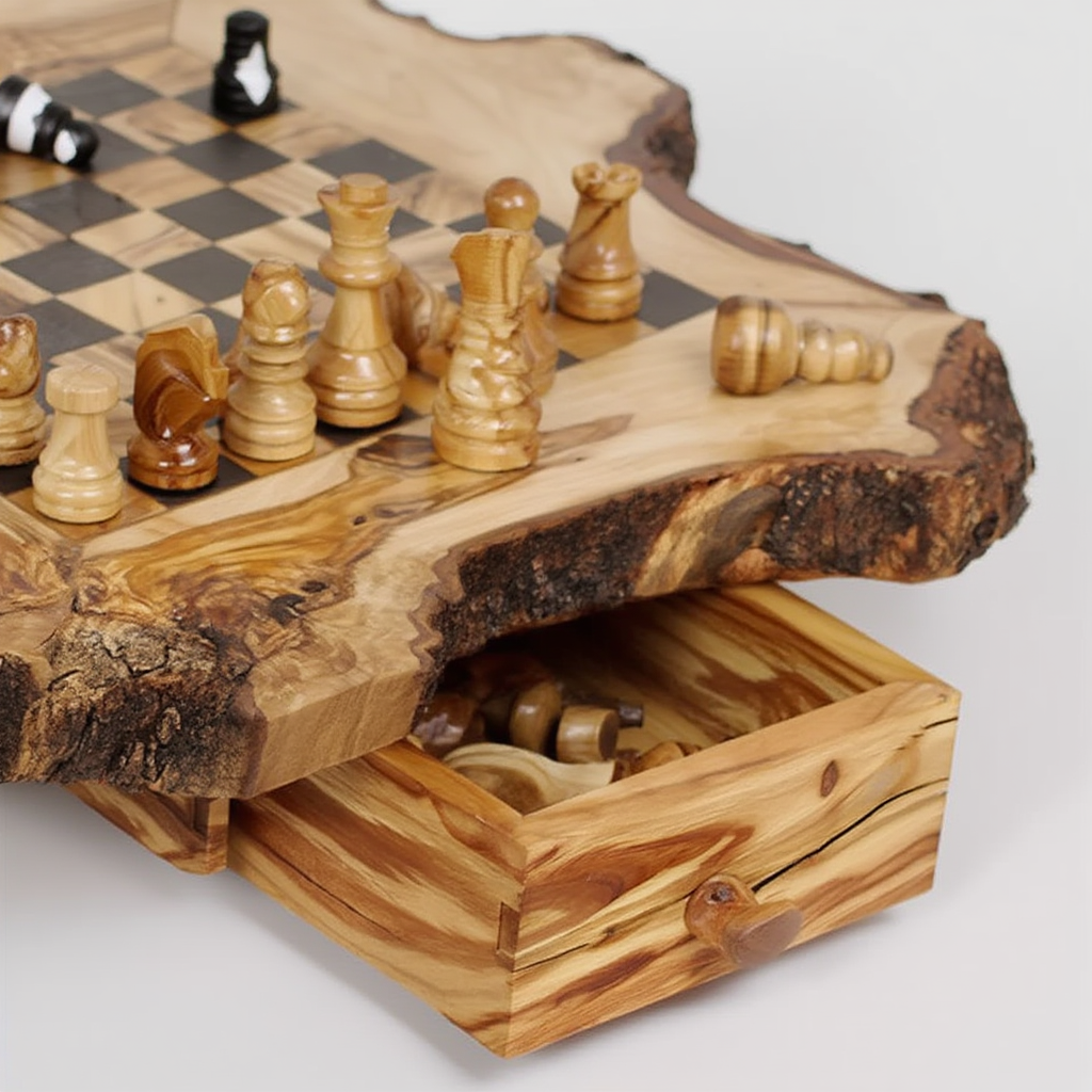 Jeu D'Échecs En Bois D'Olivier Avec Cases Rouges | Élégance Artisanale Pour Décoration 3