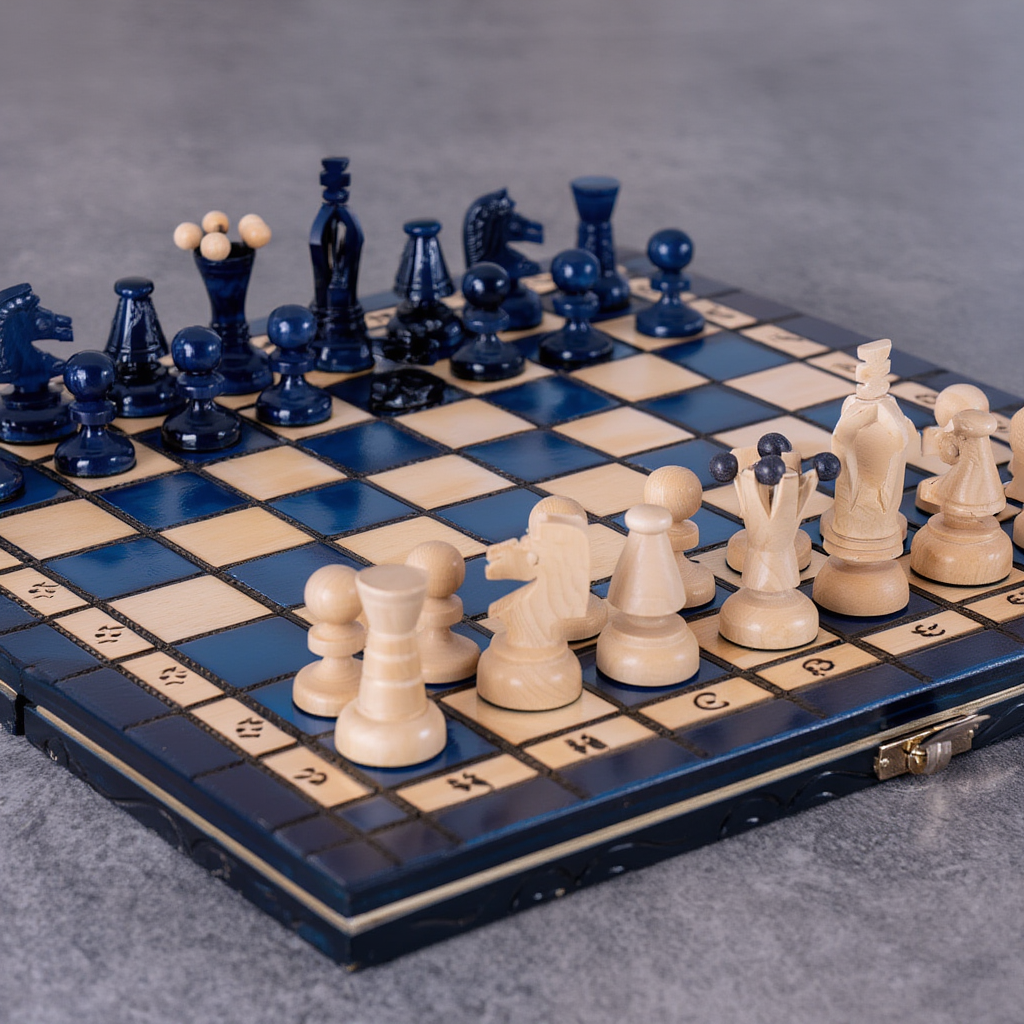 Échiquier en Bois de Charme | Ensemble d'Échecs Bleu Myrtille avec Finition Élégante