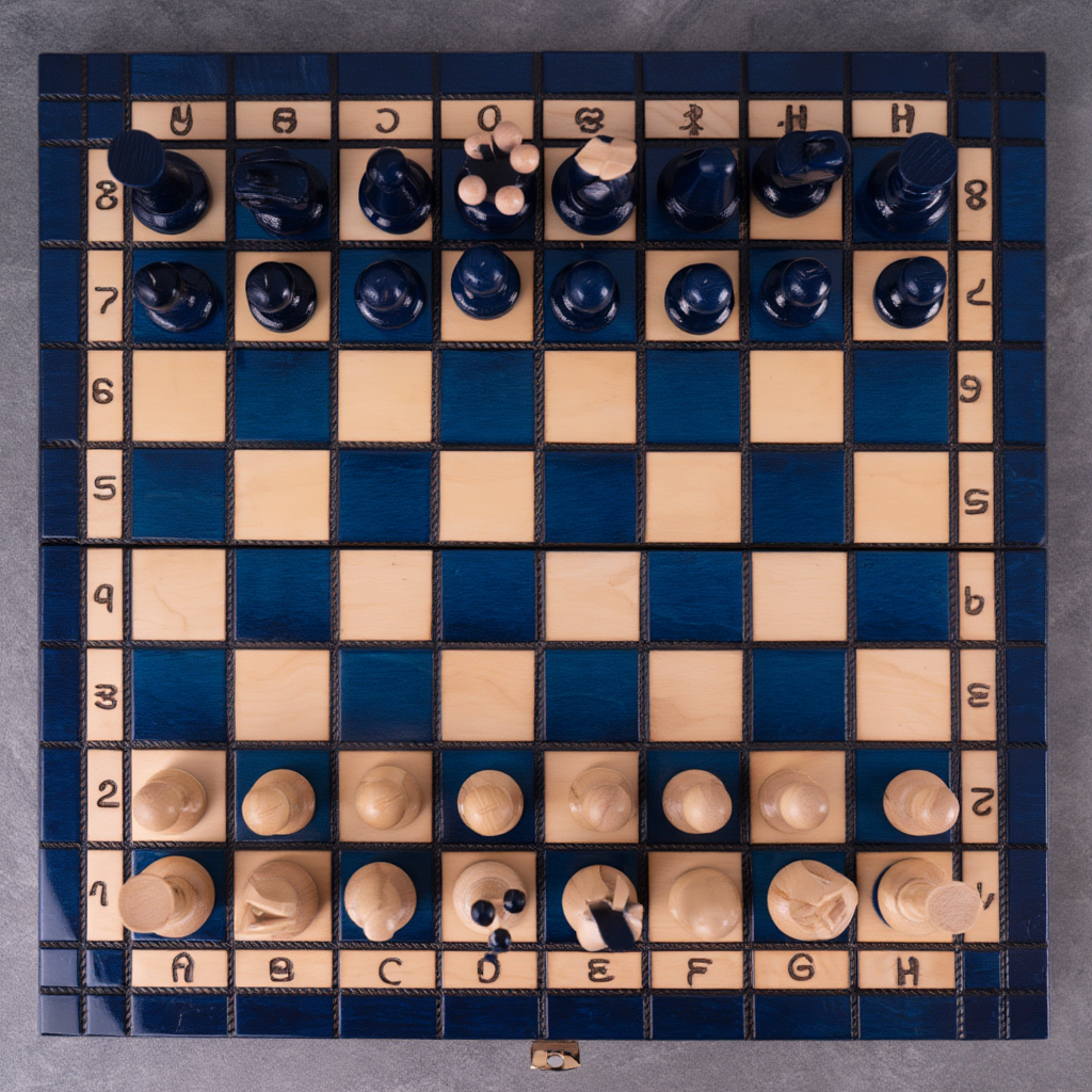 Échiquier en Bois de Charme | Ensemble d'Échecs Bleu Myrtille avec Finition Élégante
